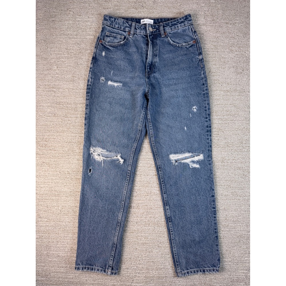 Zara Distressed Mom Jeans High Waisted Ripped Straight Leg Blue Denim Size 6
